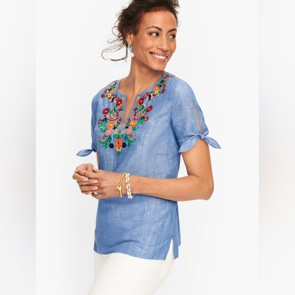 Talbots Plus Embroidered Blue Linen Popover Blouse Top Size 2X - Picture 1 of 11